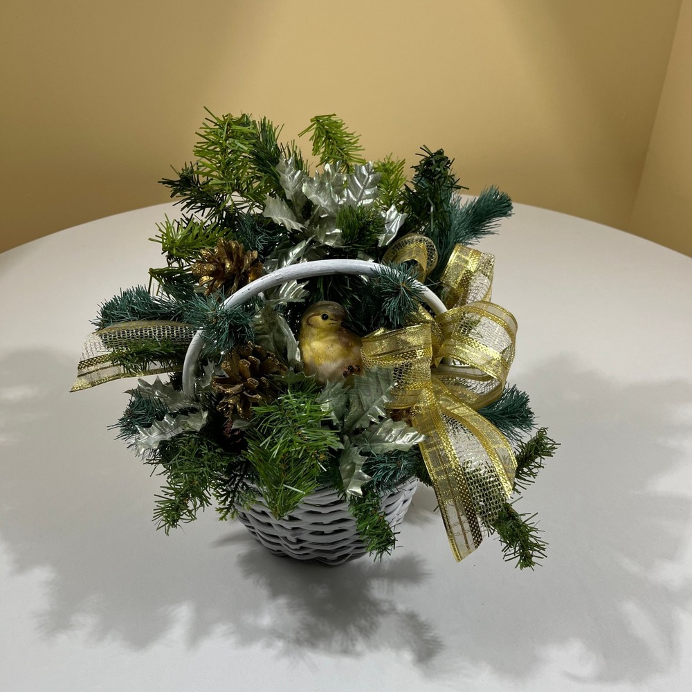 Holiday Floral Arrangement Pine Greens Gold Bird Wicker Basket Christmas Decor